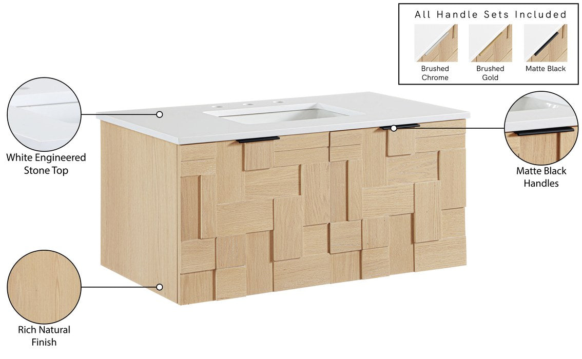 Meridian Furniture - Leonardo 36" Natural Engineered Stone And Solid Wood Wall Mounted Bathroom Vanity - 435Natural-36 - GreatFurnitureDeal