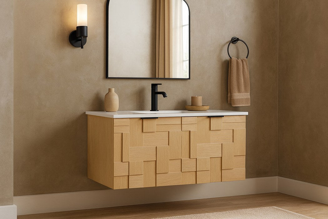 Meridian Furniture - Leonardo 36" Natural Engineered Stone And Solid Wood Wall Mounted Bathroom Vanity - 435Natural-36 - GreatFurnitureDeal