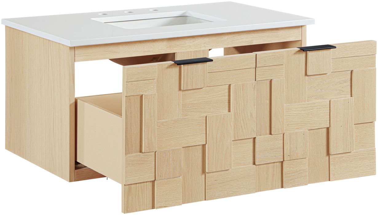 Meridian Furniture - Leonardo 36" Natural Engineered Stone And Solid Wood Wall Mounted Bathroom Vanity - 435Natural-36 - GreatFurnitureDeal
