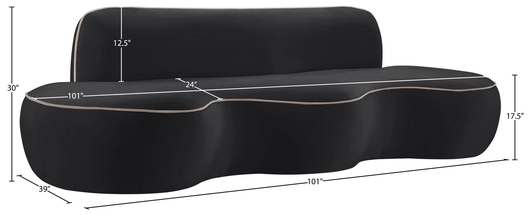 Meridian Furniture - Swerve 100" Black Velvet Upholstered Sofa - 44021Black-S - GreatFurnitureDeal