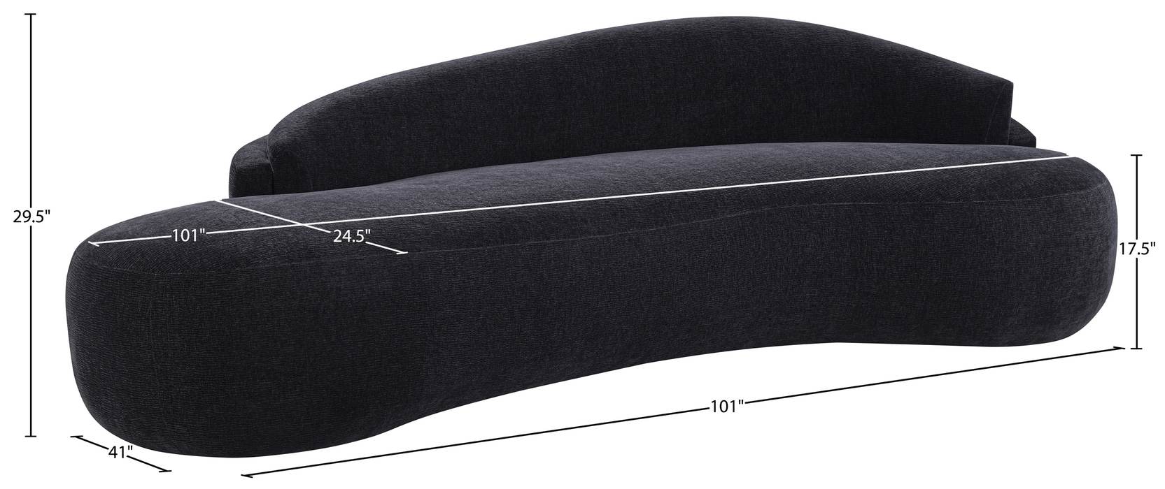 Meridian Furniture - Caspian 101" Black Chenille Fabric Upholstered Sofa - 44033Black-S - GreatFurnitureDeal