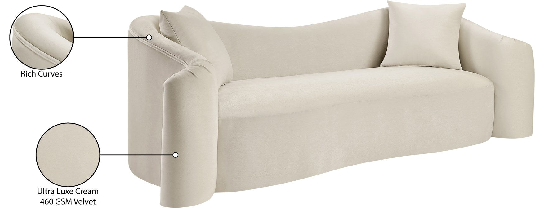 Meridian Furniture - Destin 91" Cream Velvet Upholstered Sofa - 44052Cream-S - GreatFurnitureDeal