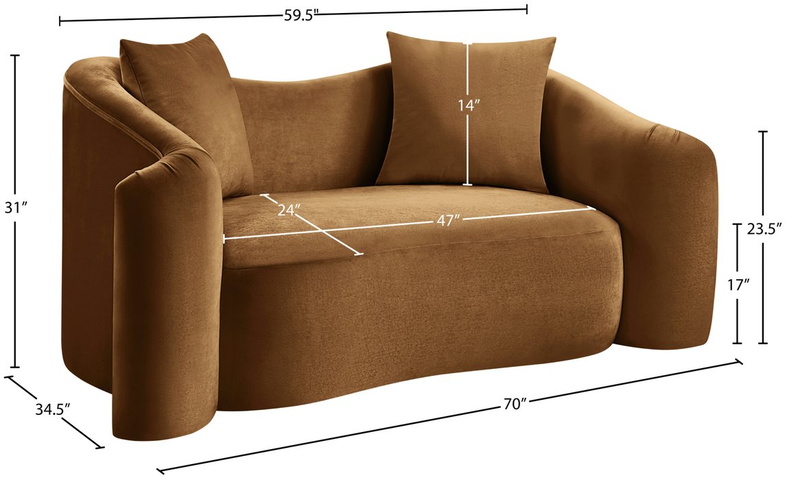 Meridian Furniture - Destin 70" Saddle Velvet Upholstered Loveseat - 44052Saddle-L - GreatFurnitureDeal