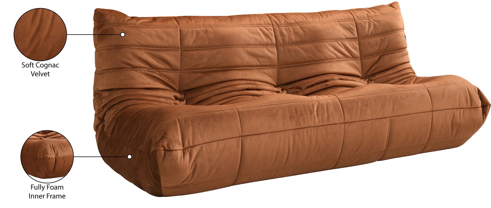 Meridian Furniture - Relax 77.75" Cognac Velvet Upholstered Sofa - 44064Cognac-S - GreatFurnitureDeal