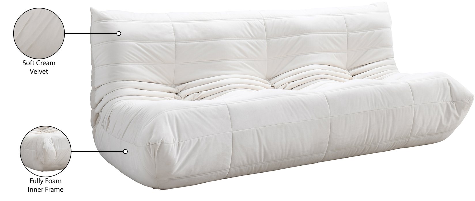 Meridian Furniture - Relax 77.75" Cream Velvet Upholstered Sofa - 44064Cream-S - GreatFurnitureDeal