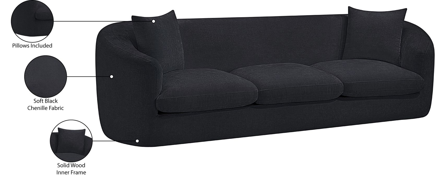 Meridian Furniture - Penelope 92.5" Black Chenille Fabric Upholstered Sofa - 44073Black-S - GreatFurnitureDeal