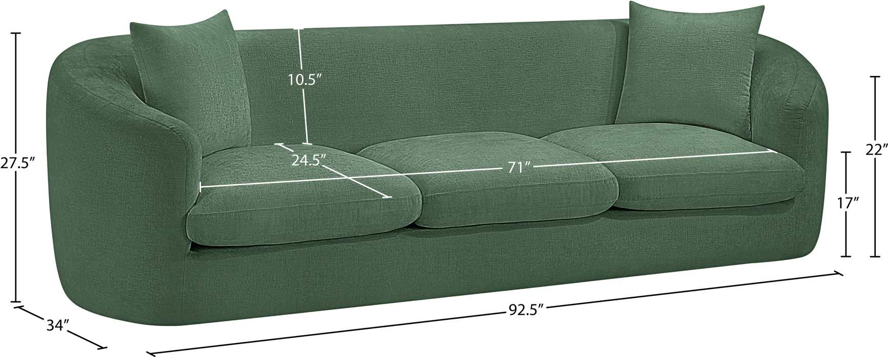 Meridian Furniture - Penelope 92.5" Green Chenille Fabric Upholstered Sofa - 44073Green-S - GreatFurnitureDeal