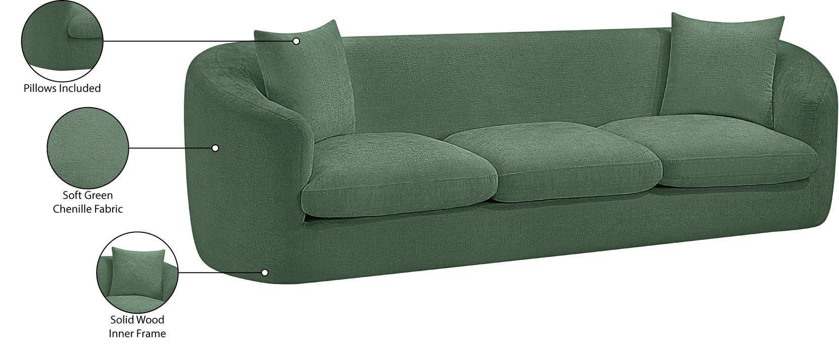 Meridian Furniture - Penelope 92.5" Green Chenille Fabric Upholstered Sofa - 44073Green-S - GreatFurnitureDeal
