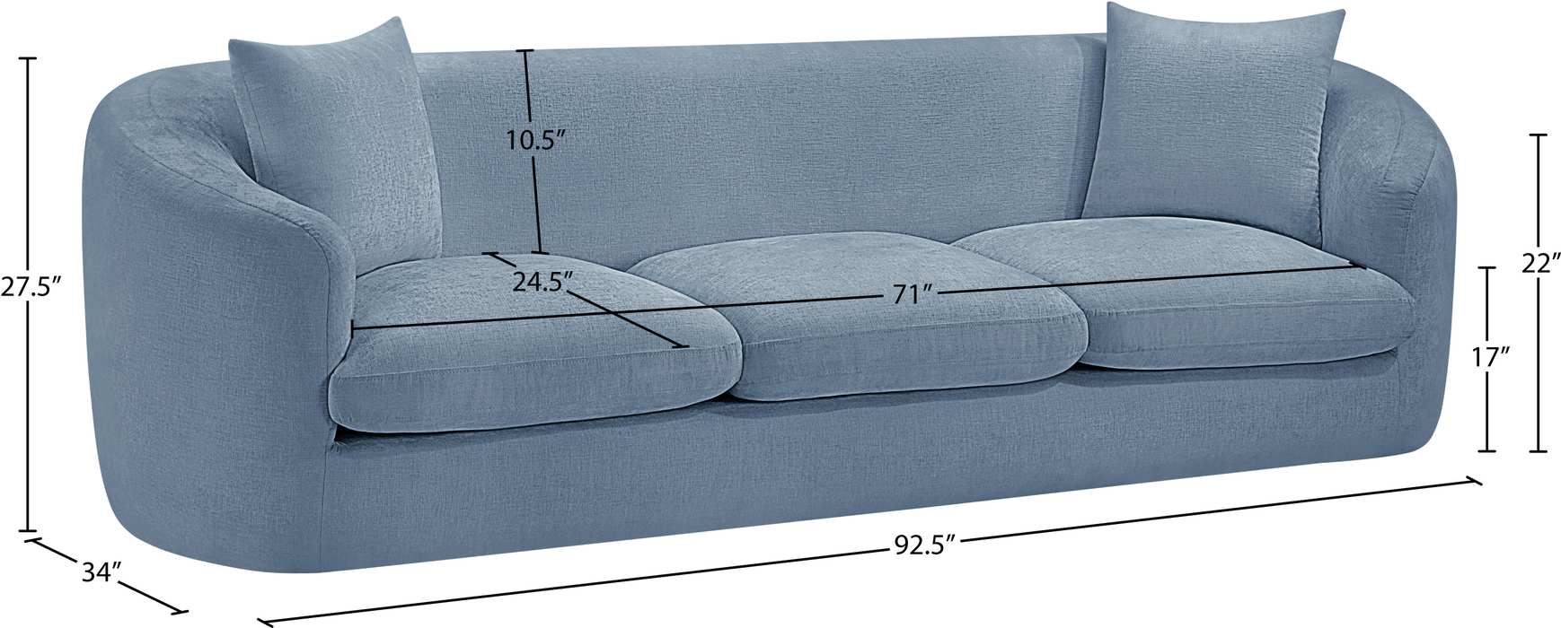 Meridian Furniture - Penelope 92.5" Light Blue Chenille Fabric Upholstered Sofa - 44073LtBlu-S - GreatFurnitureDeal