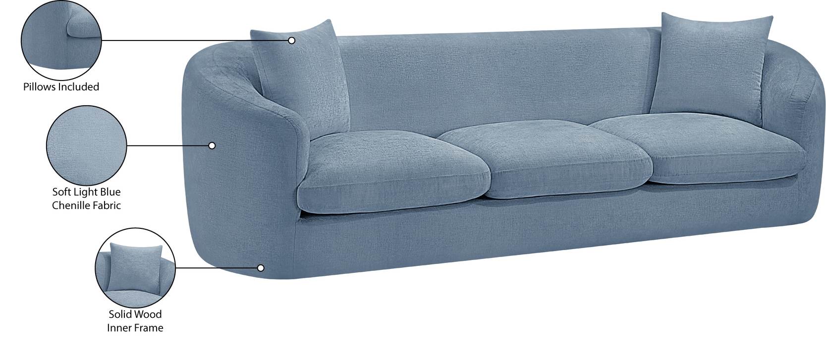 Meridian Furniture - Penelope 92.5" Light Blue Chenille Fabric Upholstered Sofa - 44073LtBlu-S - GreatFurnitureDeal