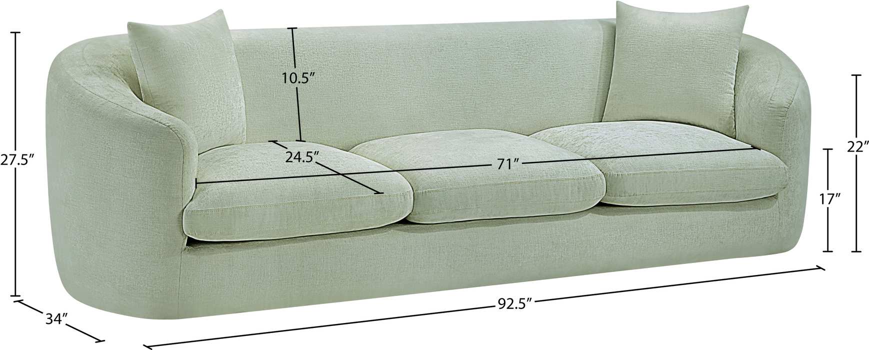 Meridian Furniture - Penelope 92.5" Mint Chenille Fabric Upholstered Sofa - 44073Mint-S - GreatFurnitureDeal