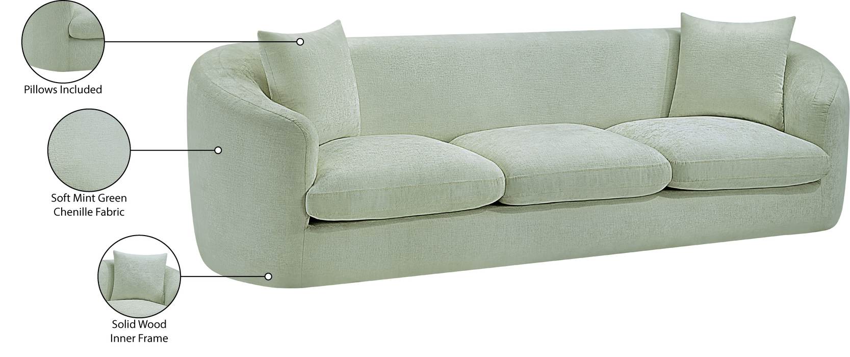 Meridian Furniture - Penelope 92.5" Mint Chenille Fabric Upholstered Sofa - 44073Mint-S - GreatFurnitureDeal