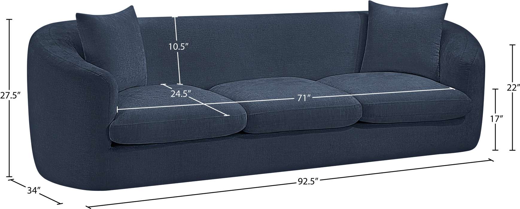 Meridian Furniture - Penelope 92.5" Navy Chenille Fabric Upholstered Sofa - 44073Navy-S - GreatFurnitureDeal