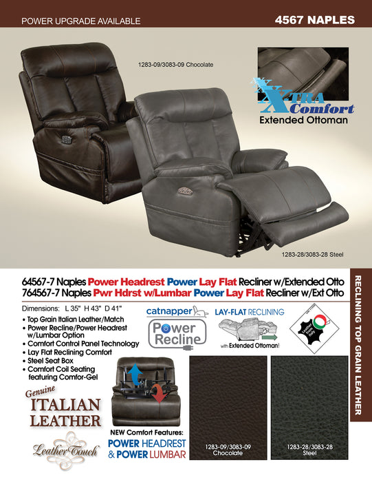 Catnapper - Naples Power Headrest Power Lay Flat Recliner w-Extended Ottoman in Steel - 4567-STEEL