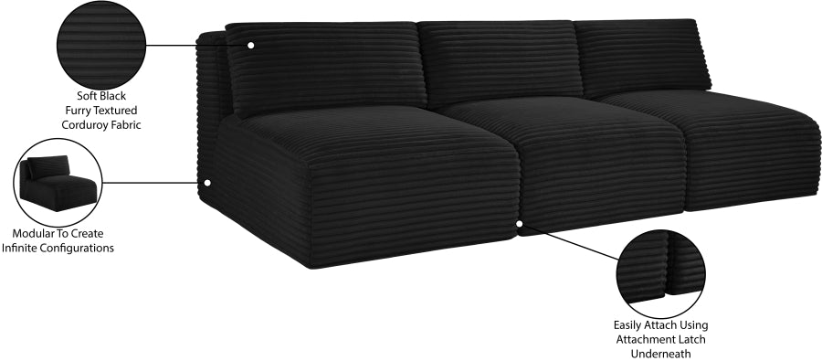 Meridian Furniture - Shaggy Corduroy Performance Fabric Upholstered Modular Sofa - 641Black-S93 - GreatFurnitureDeal