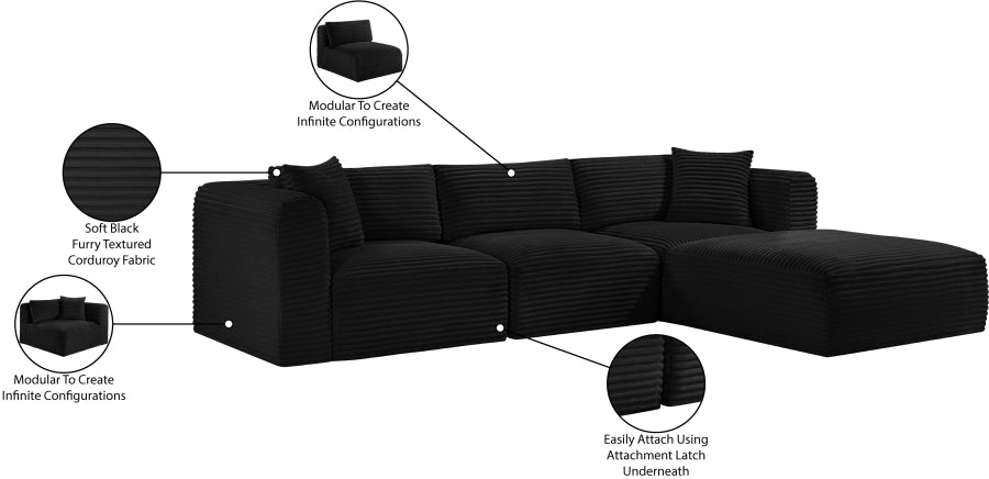 Meridian Furniture - Shaggy Corduroy Performance Fabric Upholstered Modular Sectional - 641Black-Sec4A - GreatFurnitureDeal