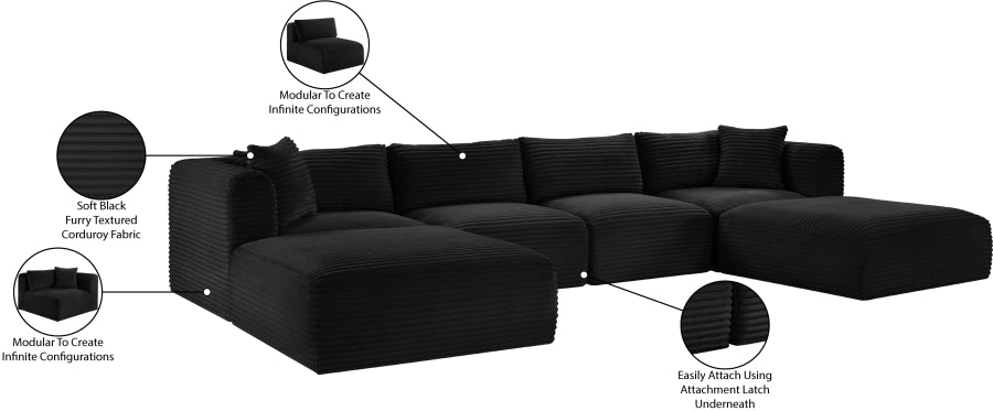 Meridian Furniture - Shaggy Corduroy Upholstered Modular Sectional - 641Black-Sec6E - GreatFurnitureDeal