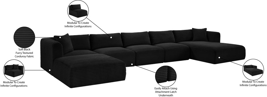 Meridian Furniture - Shaggy Corduroy Performance Fabric Upholstered Modular Sectional - 641Black-Sec6F - GreatFurnitureDeal