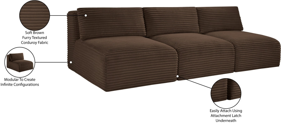 Meridian Furniture - Shaggy Corduroy Performance Fabric Upholstered Modular Sofa - 641Brown-S93 - GreatFurnitureDeal