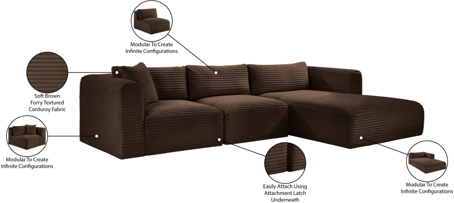 Meridian Furniture - Shaggy Corduroy Performance Fabric Upholstered Modular Sectional - 641Brown-Sec3A - GreatFurnitureDeal