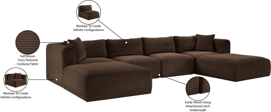 Meridian Furniture - Shaggy Corduroy Upholstered Modular Sectional - 641Brown-Sec6E - GreatFurnitureDeal