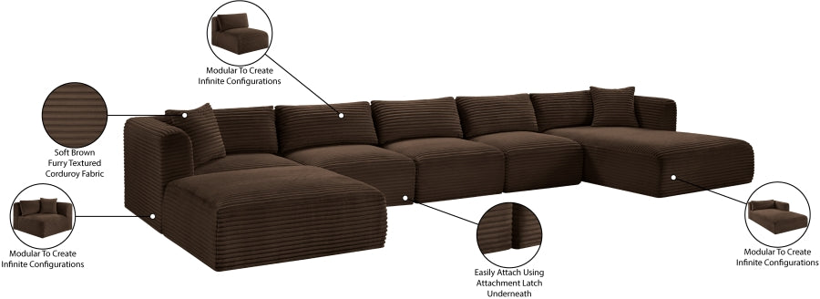 Meridian Furniture - Shaggy Corduroy Performance Fabric Upholstered Modular Sectional - 641Brown-Sec6F - GreatFurnitureDeal