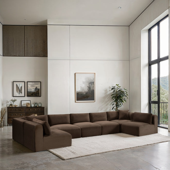 Meridian Furniture - Shaggy Corduroy Performance Fabric Upholstered Modular Sectional - 641Brown-Sec7A - GreatFurnitureDeal