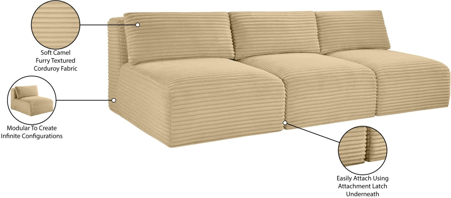 Meridian Furniture - Shaggy Corduroy Performance Fabric Upholstered Modular Sofa - 641Camel-S93 - GreatFurnitureDeal