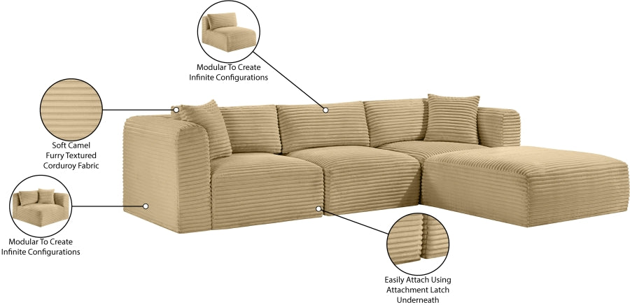 Meridian Furniture - Shaggy Corduroy Performance Fabric Upholstered Modular Sectional - 641Camel-Sec4A - GreatFurnitureDeal