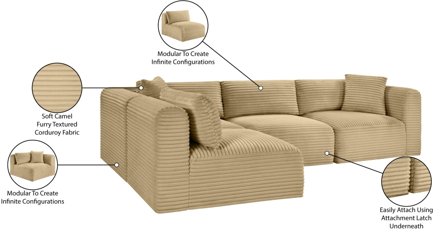 Meridian Furniture - Shaggy Corduroy Performance Fabric Upholstered Modular Sectional - 641Camel-Sec4B - GreatFurnitureDeal