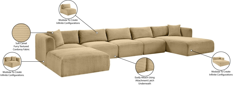 Meridian Furniture - Shaggy Corduroy Performance Fabric Upholstered Modular Sectional - 641Camel-Sec6F - GreatFurnitureDeal