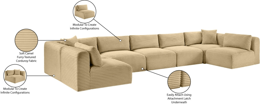 Meridian Furniture - Shaggy Corduroy Performance Fabric Upholstered Modular Sectional - 641Camel-Sec7A - GreatFurnitureDeal