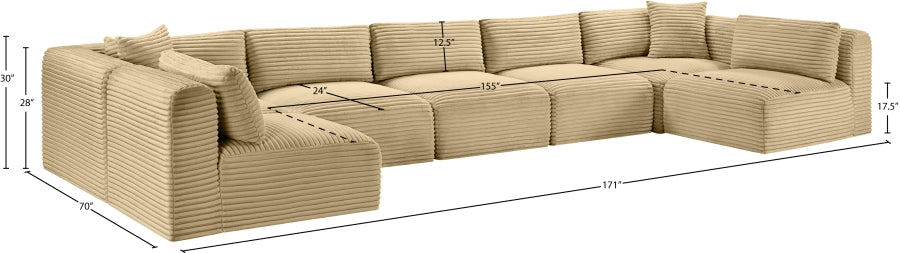 Meridian Furniture - Shaggy Corduroy Performance Fabric Upholstered Modular Sectional - 641Camel-Sec7A - GreatFurnitureDeal