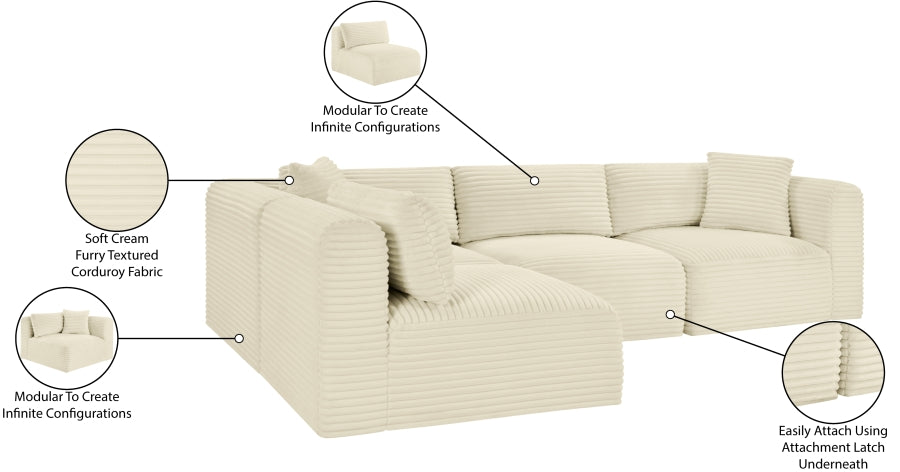 Meridian Furniture - Shaggy Corduroy Performance Fabric Upholstered Modular Sectional - 641Cream-Sec4B - GreatFurnitureDeal