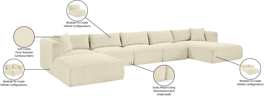 Meridian Furniture - Shaggy Corduroy Performance Fabric Upholstered Modular Sectional - 641Cream-Sec6F - GreatFurnitureDeal