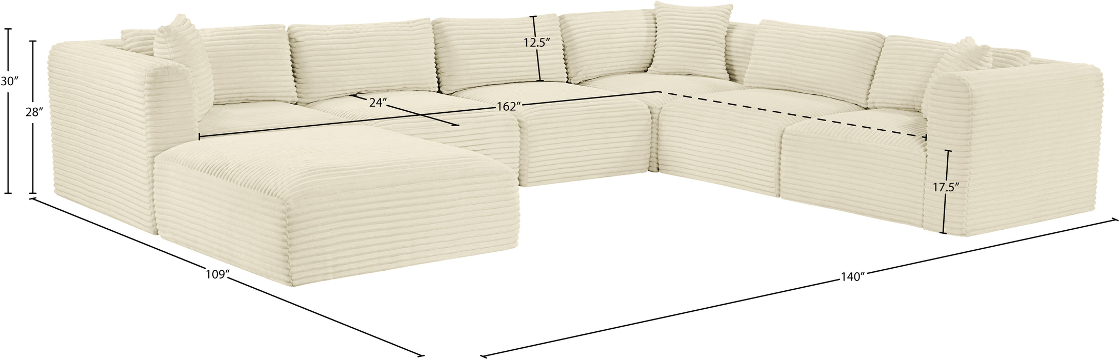 Meridian Furniture - Shaggy Corduroy Upholstered Modular Sectional - 641Cream-Sec7D