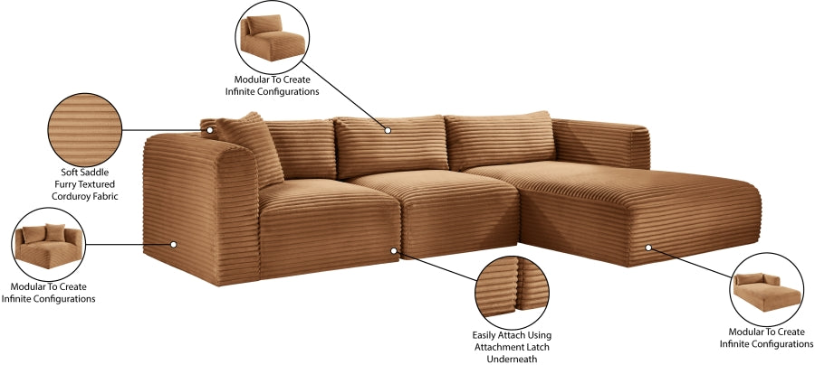 Meridian Furniture - Shaggy Corduroy Performance Fabric Upholstered Modular Sectional - 641Saddle-Sec3A - GreatFurnitureDeal