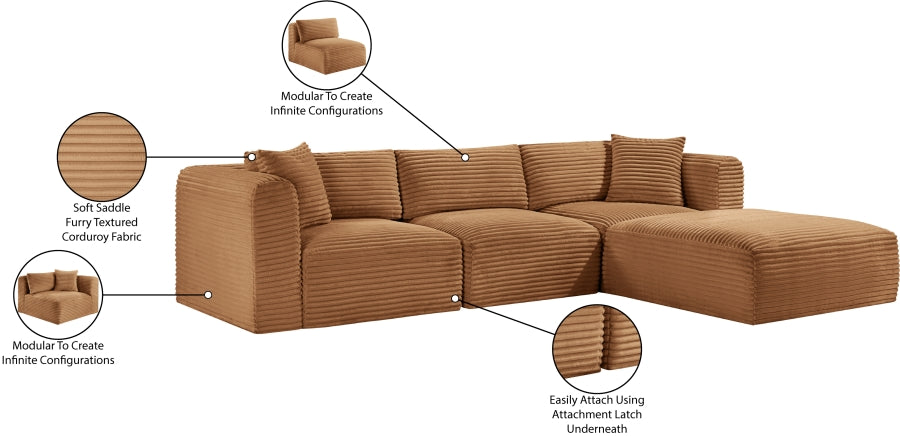 Meridian Furniture - Shaggy Corduroy Performance Fabric Upholstered Modular Sectional - 641Saddle-Sec4A - GreatFurnitureDeal