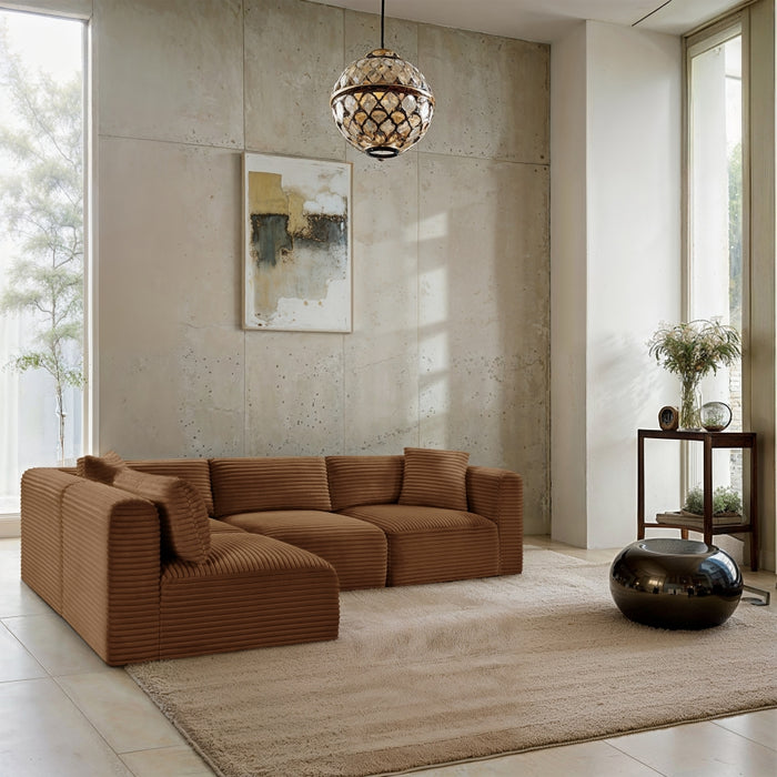 Meridian Furniture - Shaggy Corduroy Performance Fabric Upholstered Modular Sectional - 641Saddle-Sec4B - GreatFurnitureDeal