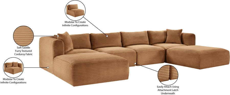 Meridian Furniture - Shaggy Corduroy Upholstered Modular Sectional - 641Saddle-Sec6E - GreatFurnitureDeal