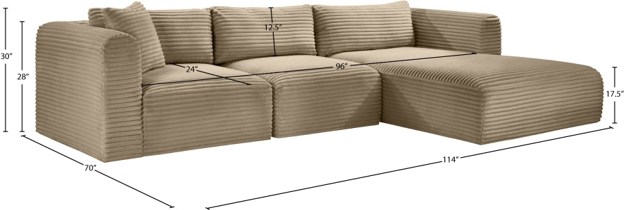 Meridian Furniture - Shaggy Corduroy Performance Fabric Upholstered Modular Sectional - 641Taupe-Sec3A - GreatFurnitureDeal