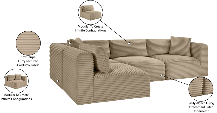 Meridian Furniture - Shaggy Corduroy Performance Fabric Upholstered Modular Sectional - 641Taupe-Sec4B - GreatFurnitureDeal