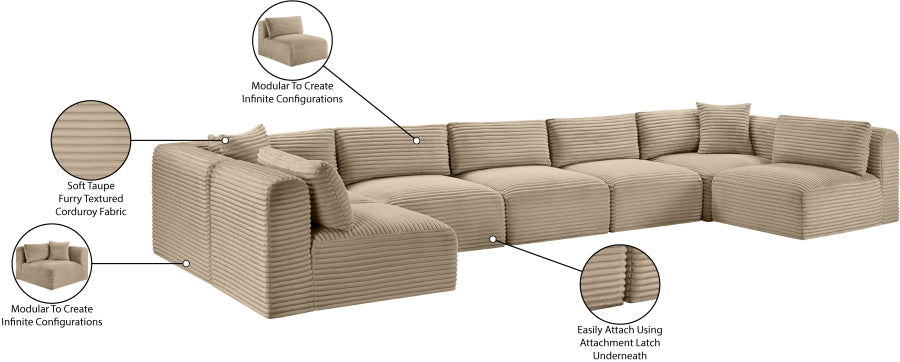 Meridian Furniture - Shaggy Corduroy Performance Fabric Upholstered Modular Sectional - 641Taupe-Sec7A - GreatFurnitureDeal