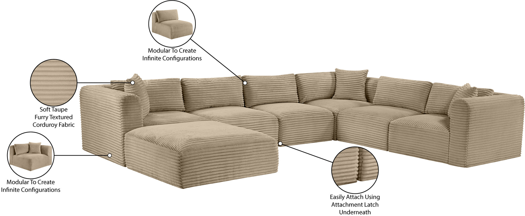 Meridian Furniture - Shaggy Corduroy Upholstered Modular Sectional - 641Taupe-Sec7D