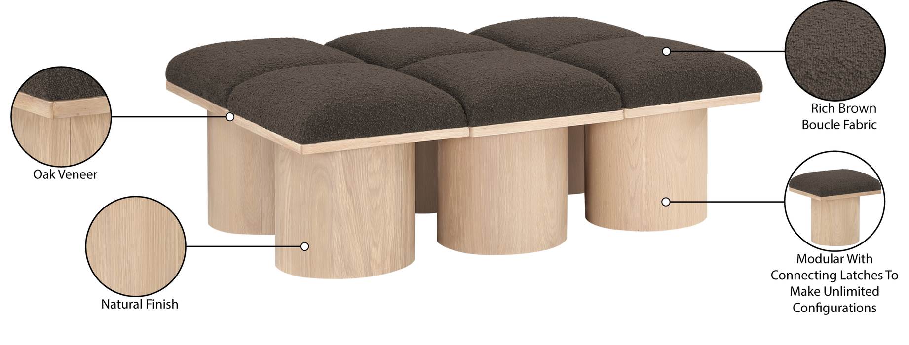 Meridian Furniture - Pavilion Brown Boucle Fabric Upholstered 6pc. Bench - 465Brown-6D - GreatFurnitureDeal