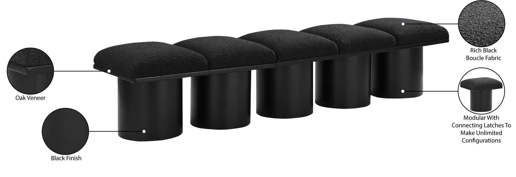 Meridian Furniture - Pavilion Black Boucle Fabric Upholstered 5pc. Bench - 466Black-5B - GreatFurnitureDeal