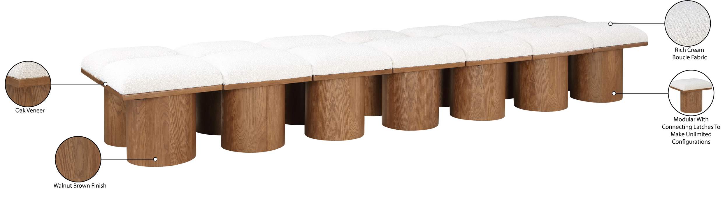 Meridian Furniture - Pavilion Cream Boucle Fabric Upholstered 14pc. Bench - 467Cream-14C - GreatFurnitureDeal