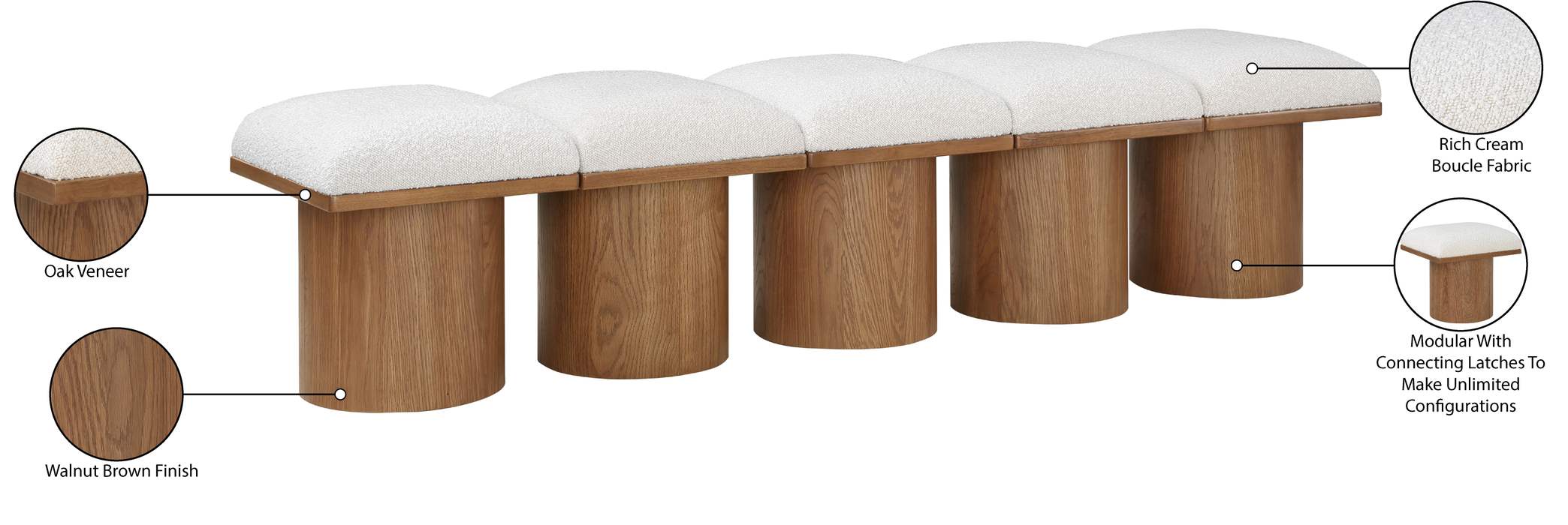 Meridian Furniture - Pavilion Cream Boucle Fabric Upholstered 5pc. Bench - 467Cream-5B - GreatFurnitureDeal