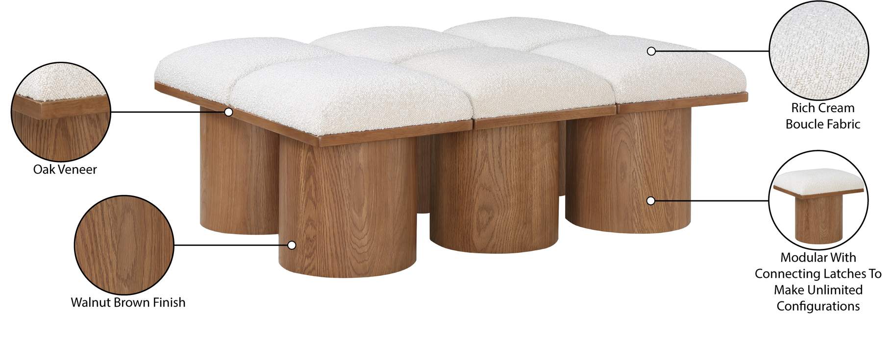 Meridian Furniture - Pavilion Cream Boucle Fabric Upholstered 6pc. Bench - 467Cream-6D - GreatFurnitureDeal