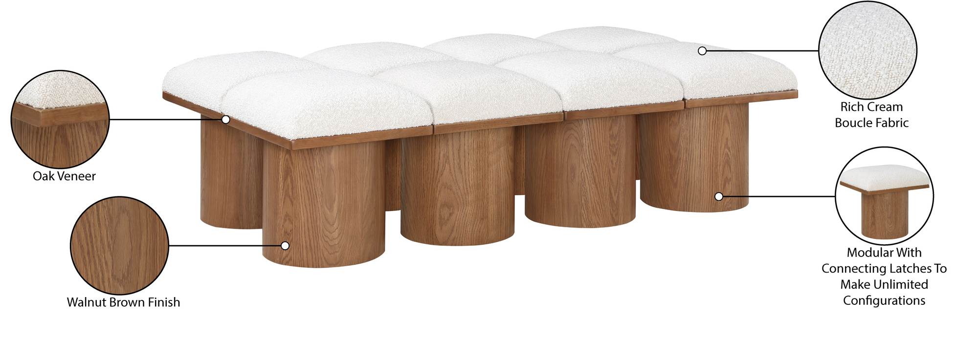 Meridian Furniture - Pavilion Cream Boucle Fabric Upholstered 8pc. Bench - 467Cream-8D - GreatFurnitureDeal